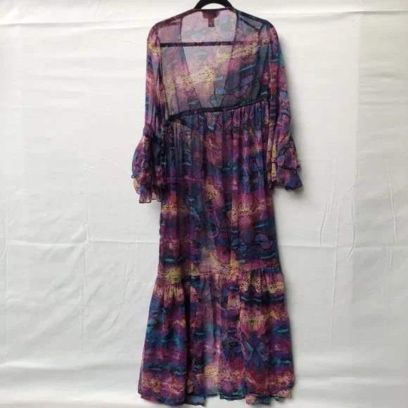 Boho Chic Spoon Jeans Sheer Colorful Maxi Cover Up Front Tie Flowy Dress L - Picture 2 of 8